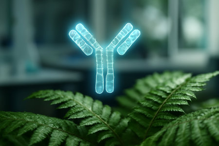 AI generated futuristic laboratory glowing holographic antibody lattice suspended over dew-covered fern leaves. The serene and modern setting is highlighted by soft natural lighting and sharp details.の素材