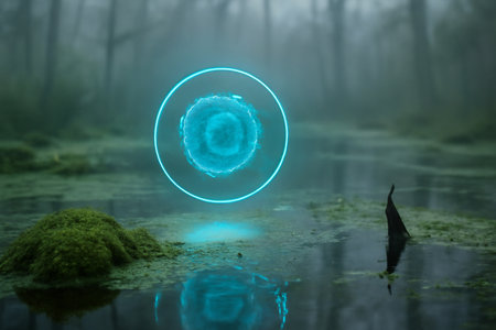 AI generated holographic T-cell activation cycle floating above green swamp water with misty atmosphere. Perfect for medical, immunology, and technology themes.の素材