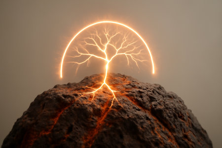 AI generated glowing hologram nerve signal arc over a volcanic ridge with intricate glowing pathways illuminating warm volcanic stone, creating a dramatic contrast.の素材