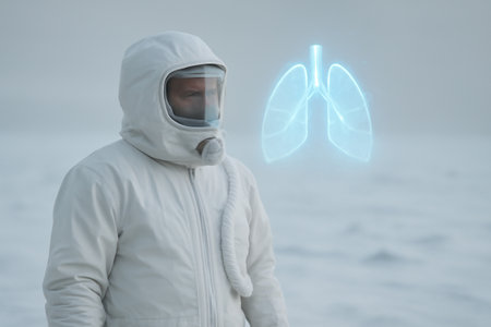 AI generated A snowfield respiratory suit with a glowing blue hologram lung projection above frozen ground. The scene emphasizes the connection between technology and extreme environmentsの素材
