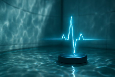 AI generated hologram blood-pressure wave floating above a water surface in a biophysics arena with rippling seawater reflections on the walls. A serene, futuristic concept.の素材