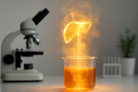 AI generated in a modern lab, a glowing hologram of adrenaline pulses above a glass container filled with golden liquid and steam. Natural light highlights the high-tech, futuristic atmosphere.の素材