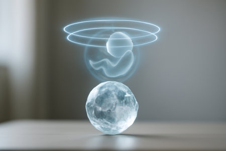 AI generated image showcasing a floating crystal moon with silver-blue rings representing the prenatal breath cycle, creating a futuristic and ethereal atmosphere with holographic projections.の素材
