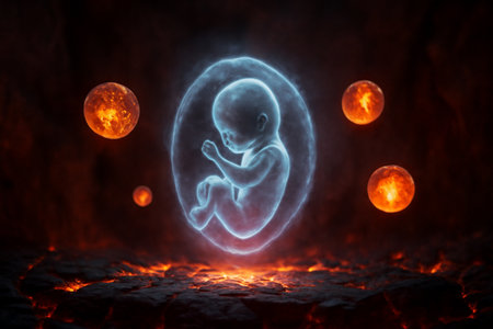 AI generated holographic fetus surrounded by floating magma orbs in a volcanic chamber. A glowing aura and fiery backdrop create a dramatic atmosphere of life and energy.の素材
