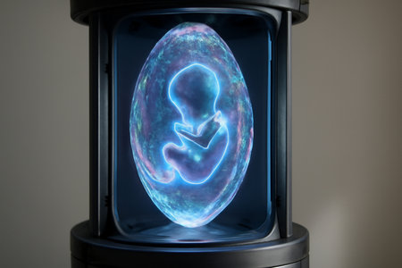 AI generated a holographic fetus surrounded by a glowing, iridescent energy field suspended in a futuristic chamber. The peaceful form glows softly with vibrant, otherworldly colors.の素材