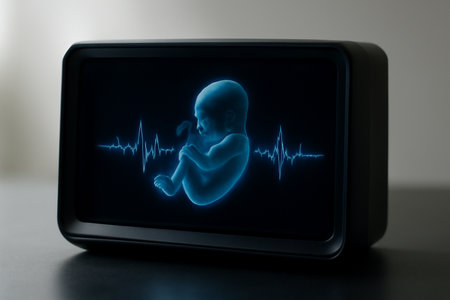 AI generated holographic display showing a fetal heartbeat in a black glass chamber. The image features soft blue glowing waves and a curled fetus surrounded by undulating ECG waveform.の素材