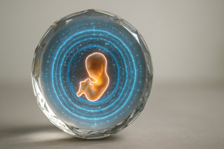 AI generated glowing holographic embryo inside a crystal ring with concentric energy rings. Futuristic design showcasing the cycle of life.の素材