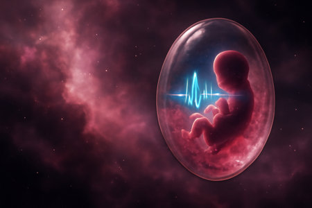 AI generated floating amniotic nebula chamber showing a hologram heartbeat resonating through cosmic pink clouds, representing the beauty of life in space.の素材