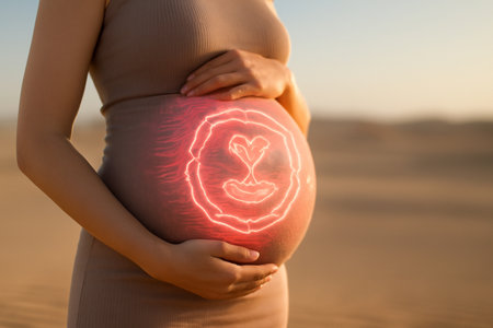 AI generated luminous desert mirage pregnancy node with a glowing hologram of a nutrient cycle. Beautiful balance of nature and technology, with glowing energy ripples over a pregnant bellyの素材