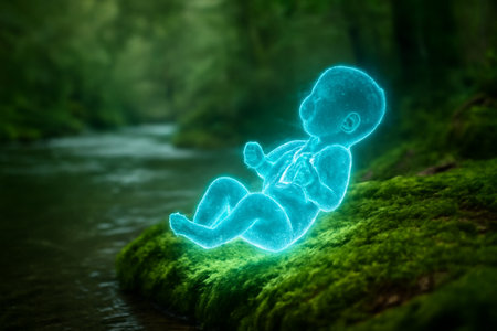 AI generated glowing hologram infant above moss in a serene river forest, symbolizing life and nature harmony.の素材