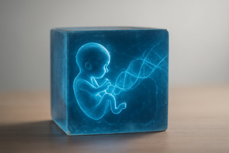 AI generated glowing holographic fetal timeline enclosed in a translucent cube, showcasing intricate energy fractals and developmental stages. A futuristic concept blending life and time.の素材