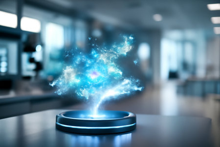 AI generated image showcasing a glowing holographic immune cloud above a high-tech platform in a modern microbiology laboratory with natural soft lighting and blurred background.の素材