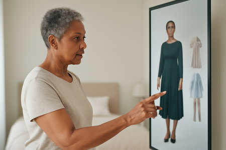 AI generated senior woman interacting with smart mirror in bedroom showcasing virtual outfits. Perfect for tech, fashion, and senior lifestyle themes.の素材