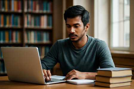 AI generated South Asian student in library focusing on laptop study. Soft natural light through windows highlights his concentration. Perfect for academic, studying, and library themes.の素材