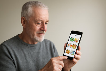 AI generated elderly man using a smartphone to browse healthy meal suggestions through an AI-powered grocery shopping app. The image depicts a calm, focused atmosphere with soft lightingの素材