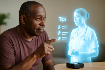 AI generated elderly man engaging with a holographic healthcare assistant displaying helpful tips in a modern setting senior man using advanced technology to receive health information in his home.の素材