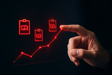 AI generated digital hand interacting with a red and black logistics growth chart with clipboard icons representing delivery trucks, designed with a modern and sleek aesthetic.の素材