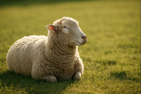 AI generated serene image of a sheep relaxing in a meadow with warm sunlight casting dynamic shadows on the lush grass. Perfect for nature and peaceful content.の素材