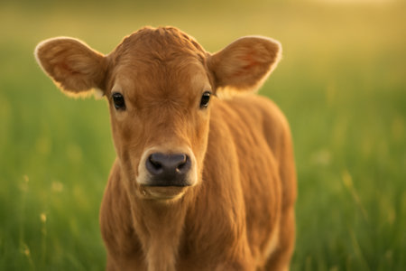 AI generated close-up of a calf in a serene meadow bathed in warm golden hour light. Soft green tones and gentle background blur create a peaceful, natural atmosphere.の素材