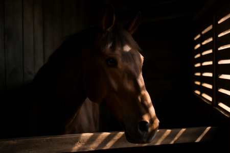 AI generated close-up of a horse in a stable with light streaming through wooden slats creating dramatic shadows. The image captures the horse glossy eyes and soft fur with natural light and depth.の素材