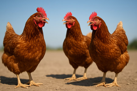 AI generated chickens clucking outdoors under bright midday sunlight with warm tones clear shadows and clean background suitable for farm themes and natural livestock contentの素材