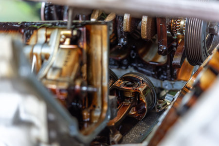 Close up of car engine internal parts with piston and crankshaft coated in oil automotive maintenance repair and mechanical engineering detail in workshop environmentの写真素材