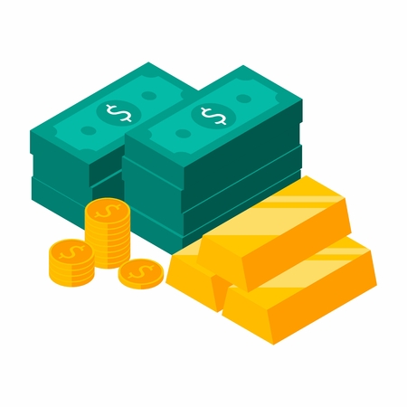 Gold Bars Pile, Dollars Bundles, Money, Dollar, Pile of money, Coin, Isometric, Finance, Business, No background, Vector, Flat icon, Money illustration of wealth and condition.のイラスト素材