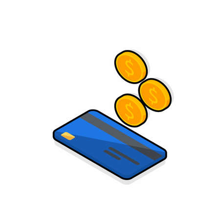Cash get a bank card Blue left view - Black Stroke+Shadow icon vector isometric.のイラスト素材
