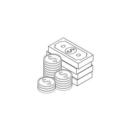 Dollar Money and Coin - Black Outline icon vector isometric.のイラスト素材
