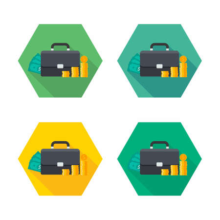 Briefcase, Dollar money cash icon, Gold coin stack icon vector isolated. Flat style vector illustration.のイラスト素材