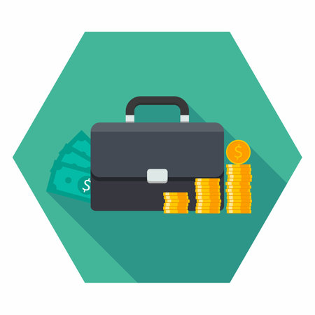 Briefcase, Dollar money cash icon, Gold coin stack icon vector isolated. Flat style vector illustration.のイラスト素材