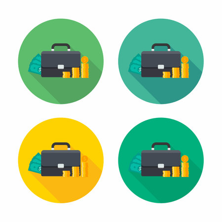 Briefcase, Dollar money cash icon, Gold coin stack icon vector isolated. Flat style vector illustration.のイラスト素材