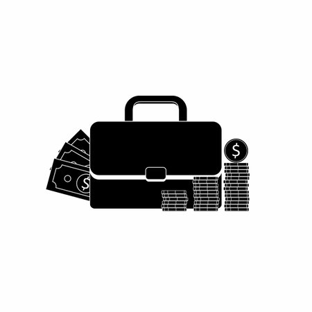Briefcase, Dollar money cash icon, Gold coin stack White Outline vector isolated. Flat style vector illustration.のイラスト素材