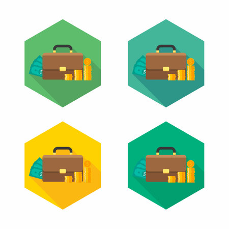 Briefcase, Dollar money cash icon, Gold coin stack icon vector isolated. Flat style vector illustration.のイラスト素材