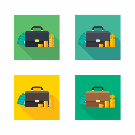 Briefcase, Dollar money cash icon, Gold coin stack icon vector isolated. Flat style vector illustration.のイラスト素材