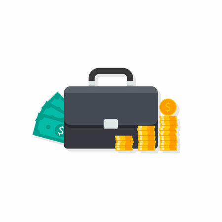 Briefcase, Dollar money cash icon, Gold coin stack Shadow vector isolated. Flat style vector illustration.のイラスト素材