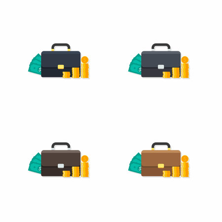 Briefcase, Dollar money cash icon, Gold coin stack Shadow vector isolated. Flat style vector illustration.のイラスト素材