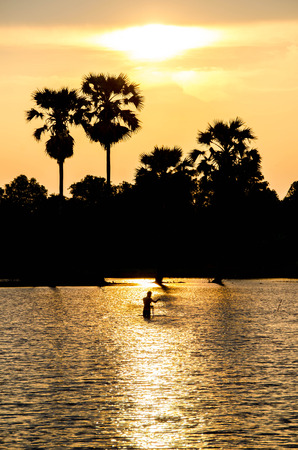 beautiful sunset by the natural pondsの写真素材
