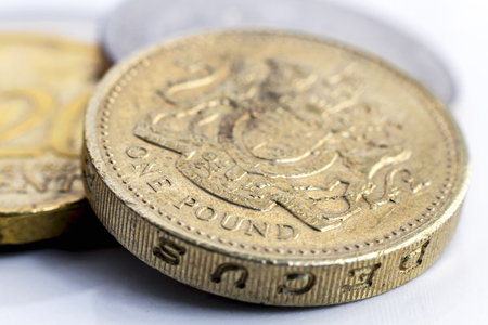 Old British one pound coin with euro coin.の写真素材