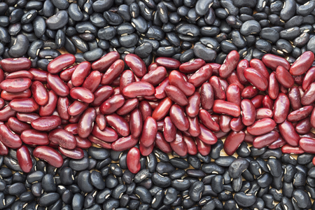 A pile of black beans and red beans, divided into two rows on the wood table. with copy space for your text.の写真素材