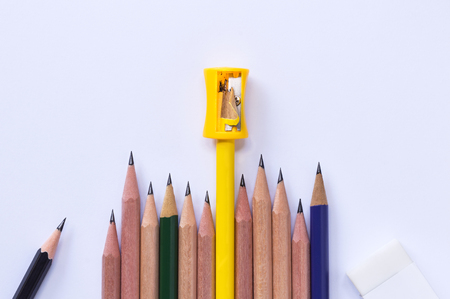pencil-sharpener, eraser, and many pencils isolated on white paper background. with copy space for your text.
の写真素材
