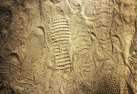 There are traces of various soles on the beach.の写真素材