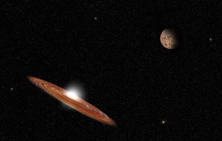Great galaxy and planet in the deep space with a sky full of stars.