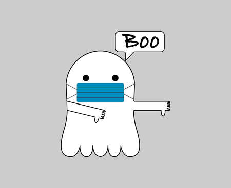 A cartoon ghost wearing a mask and doesn't like the corona virus, he expresses it with both hands.のイラスト素材