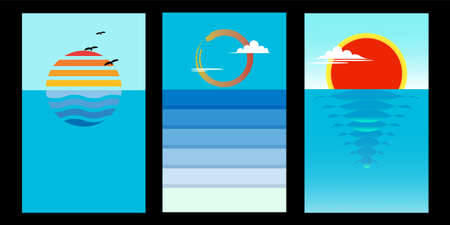 Retro sunset vector illustration with  bird and cloud on sea background.のイラスト素材
