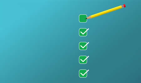 Pencil and check mark logo icon vector illustration on blue background.のイラスト素材