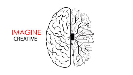 Brain logo vector illustration on white background. The brain image is compared to a computer with a processing chip.のイラスト素材