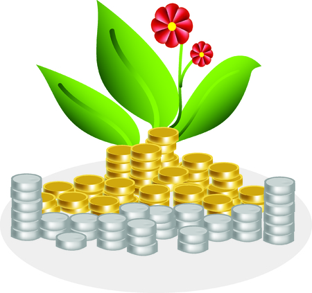 piles of golden and silver coins  and flowers with concept of wealthy and cheerfulのイラスト素材