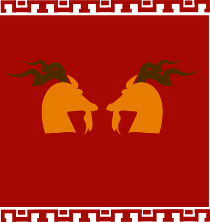 Double goats with red background and Chinese styleのイラスト素材