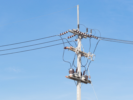 power supply line with wires over  blue sky